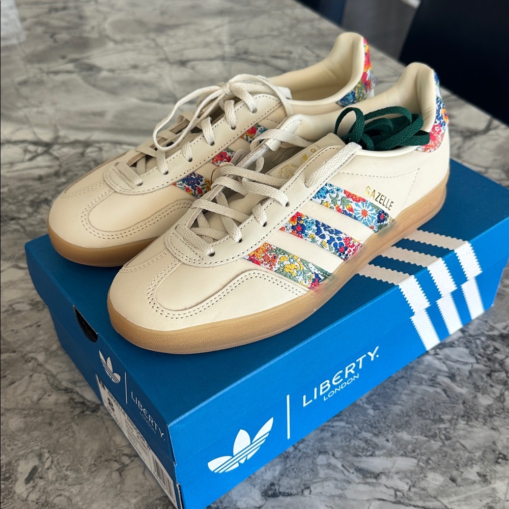 Brand new Adidas Gazelle Liberty London indoor sneakers, size 8 women’s